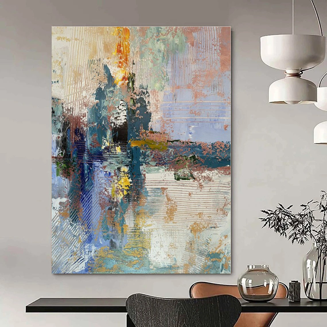 Blue, Green, Yellow, Pink with Textured Strokes "Dreamy Harbor" Abstract Painting On Canvas PS1397