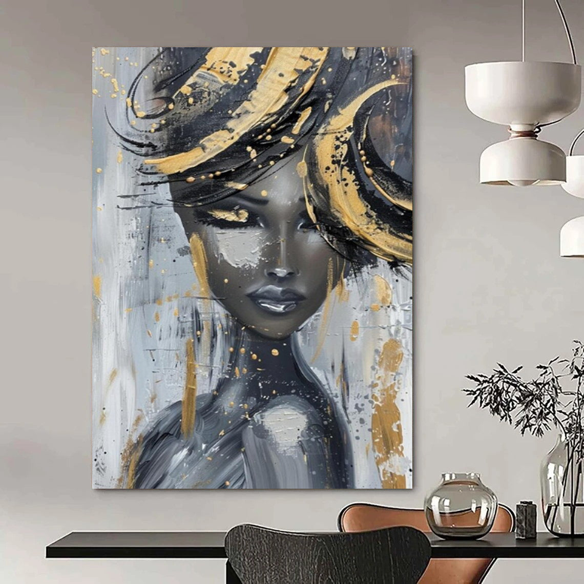 “Abstract Woman with Gold Accents” - Expressive Acrylic Painting On Canvas PT2196