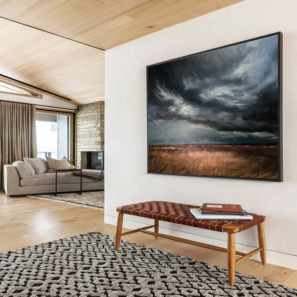 “Stormy Field Sky” - Gray, Brown & Gold Landscape, Realist Oil Painting On Canvas DKS772