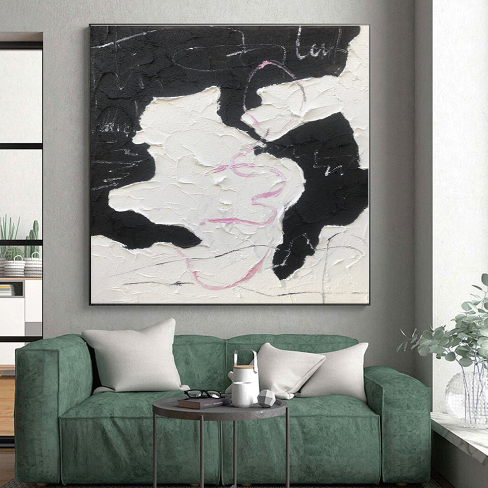 “Black - White Textured Abstraction” - Black, White, Pink Abstract Painting On Canvas PS0480