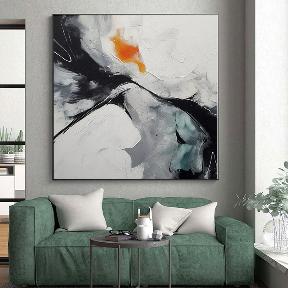 “Black - White - Orange Dynamic Swirl” - Black, White, Orange Abstract Swirl Painting On Canvas PS0571