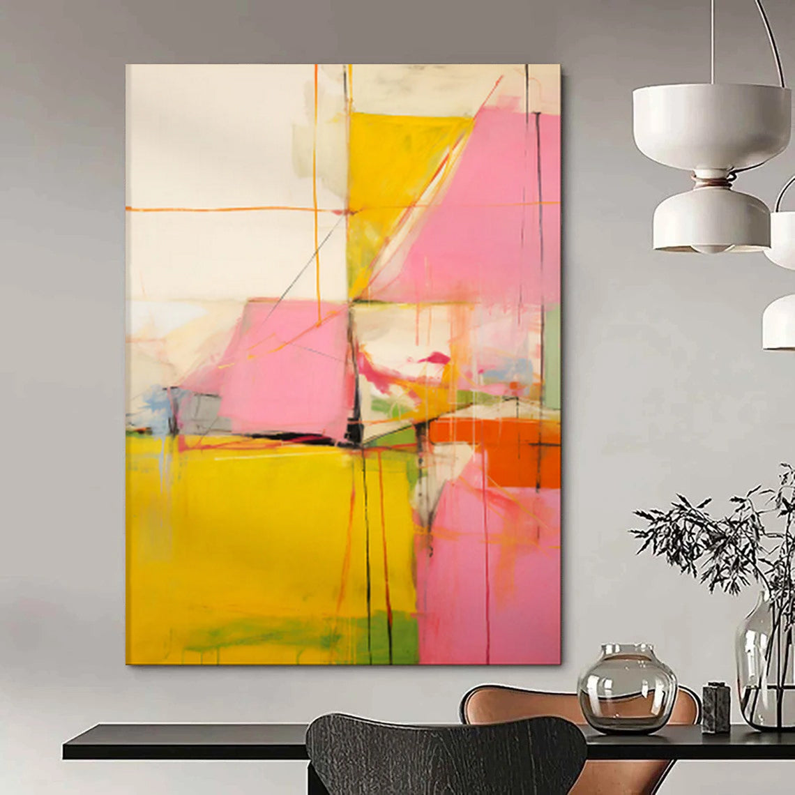 “Yellow, Pink, and Orange Abstract Shapes” - Abstract Expressionist Painting On Canvas PT1835
