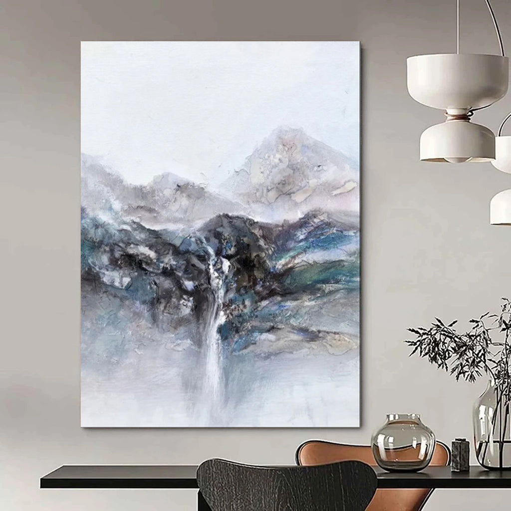 “Mountain - Waterfall Abstract in Gray - Blue” - Landscape Abstract Painting On Canvas PT1961