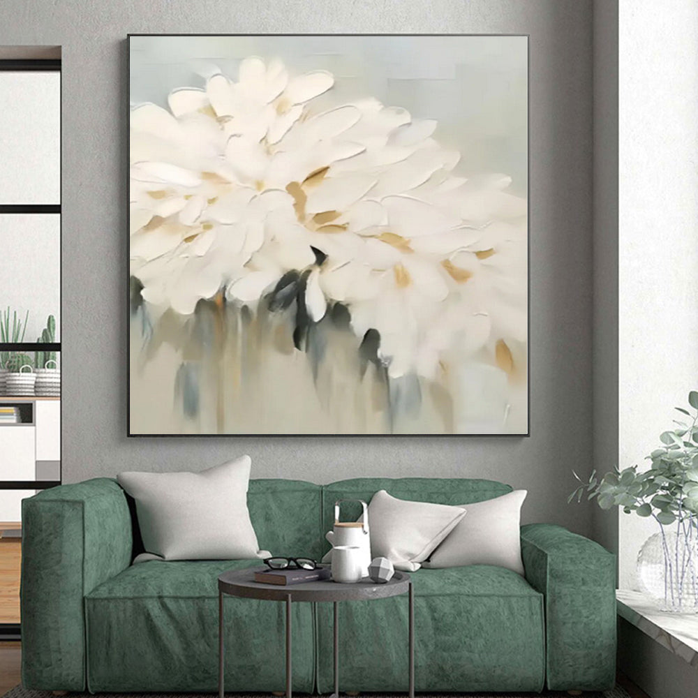 “White - Gray - Gold Floral Abstraction” - White, Gray, Gold Abstract Painting On Canvas PS0543