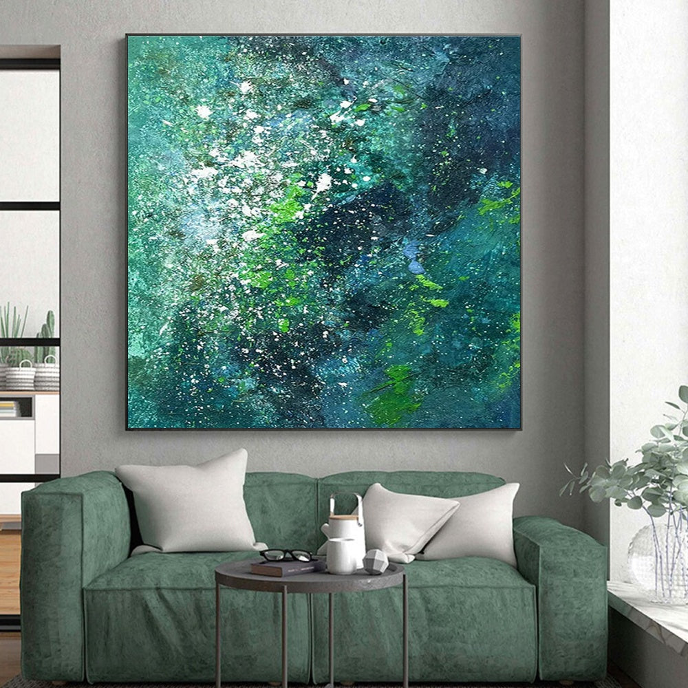 “Teal - Green Splatter Galaxy” - Teal, Green, White Abstract Expressionist Painting On Canvas PS0717