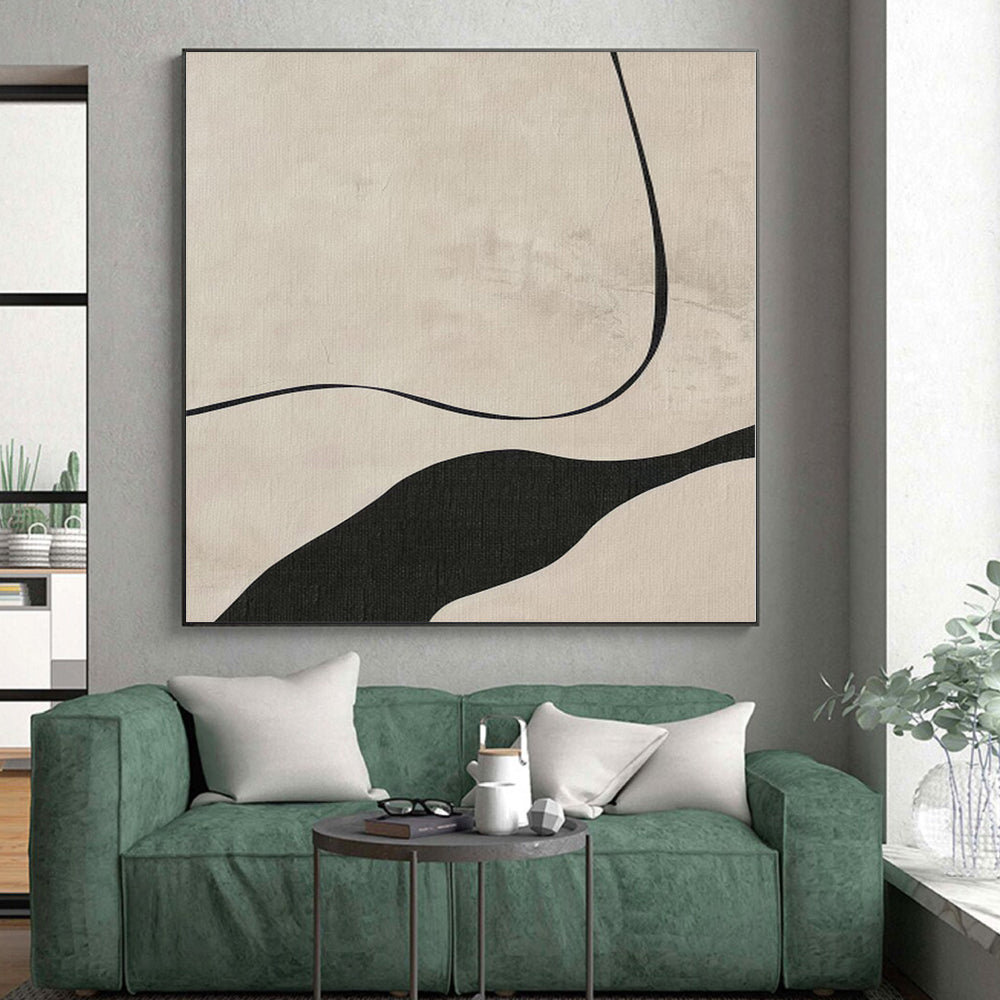 “Minimalist Black - White Curved Abstract” - Minimalist Abstract Painting On Canvas PS0264