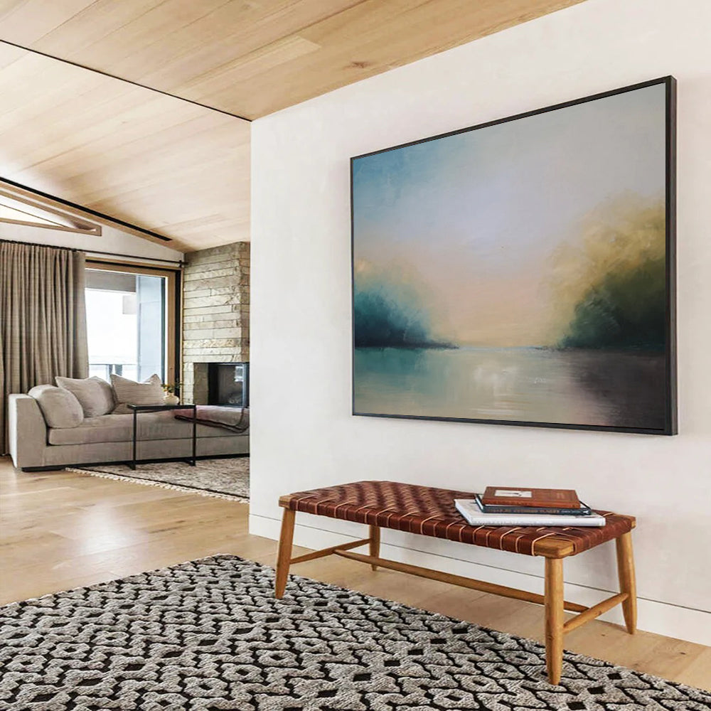 “Serene Landscape in Soft Blues, Greens & Neutrals” - Impressionistic Waterfront Painting On Canvas PT014