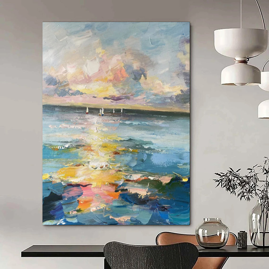 “Colorful Impasto Sunset Ocean with Sailboats” - Impasto Seascape Painting On Canvas PT1896