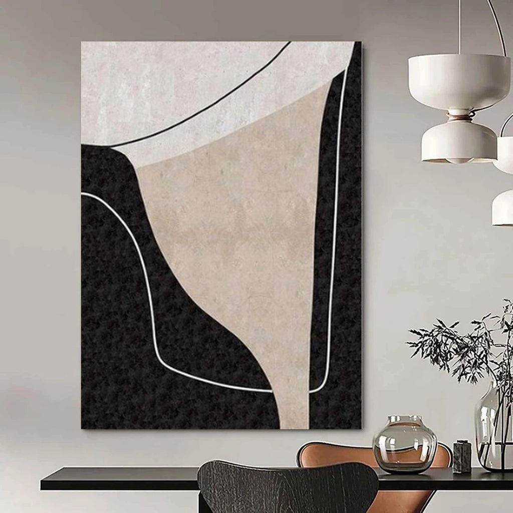 Beige, Black and White with Interconnected Curves "Linked Serenity" Abstract Painting On Canvas PS1105