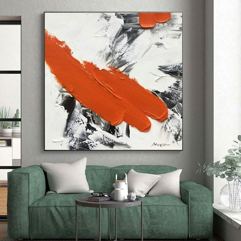 “Fiery Orange Dash” - Orange, Gray, White Abstract Textured Painting On Canvas PS0617