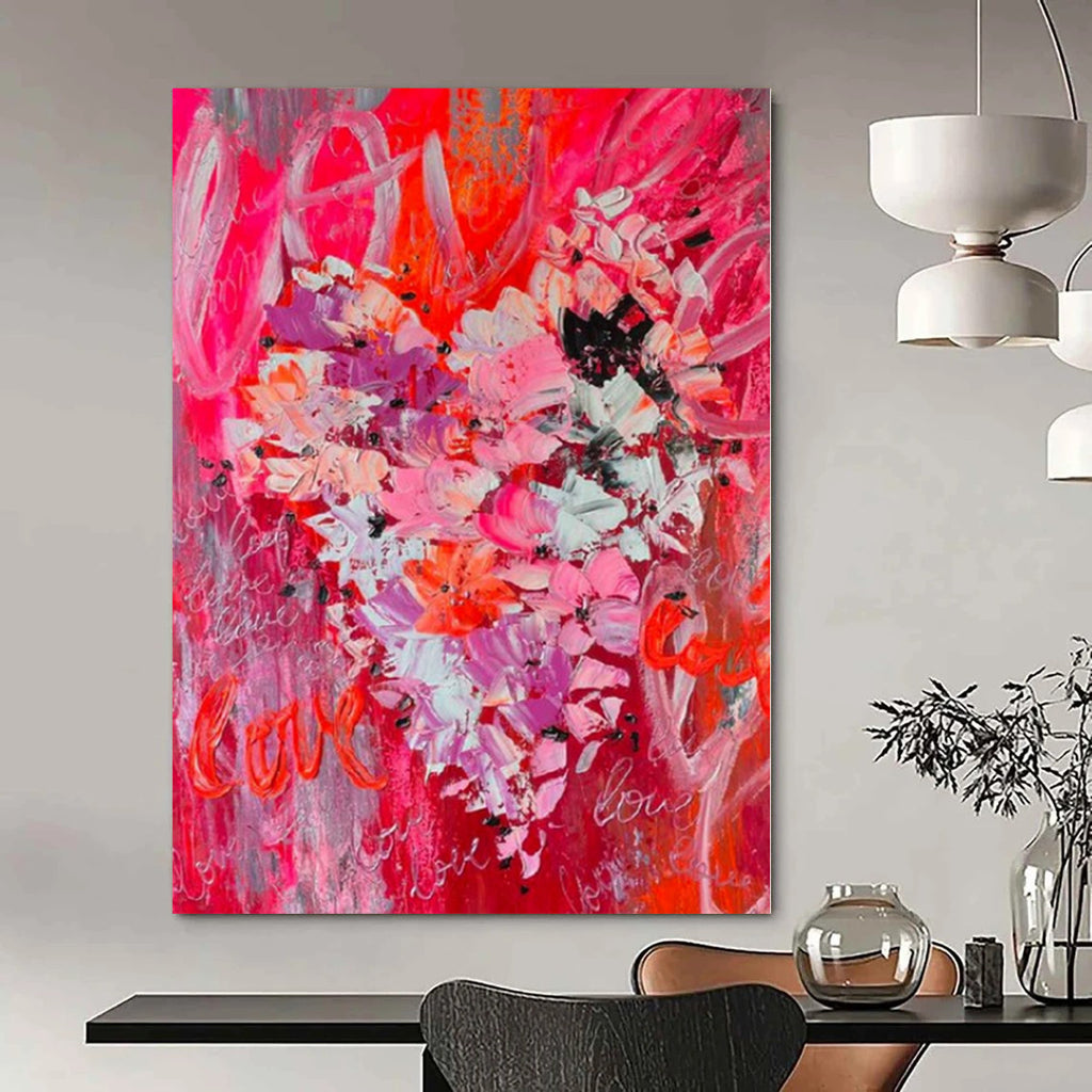 Pink, Purple, White with Floral and “Love” Motifs "Blush Love Bouquet" Romantic Painting On Canvas PS1197