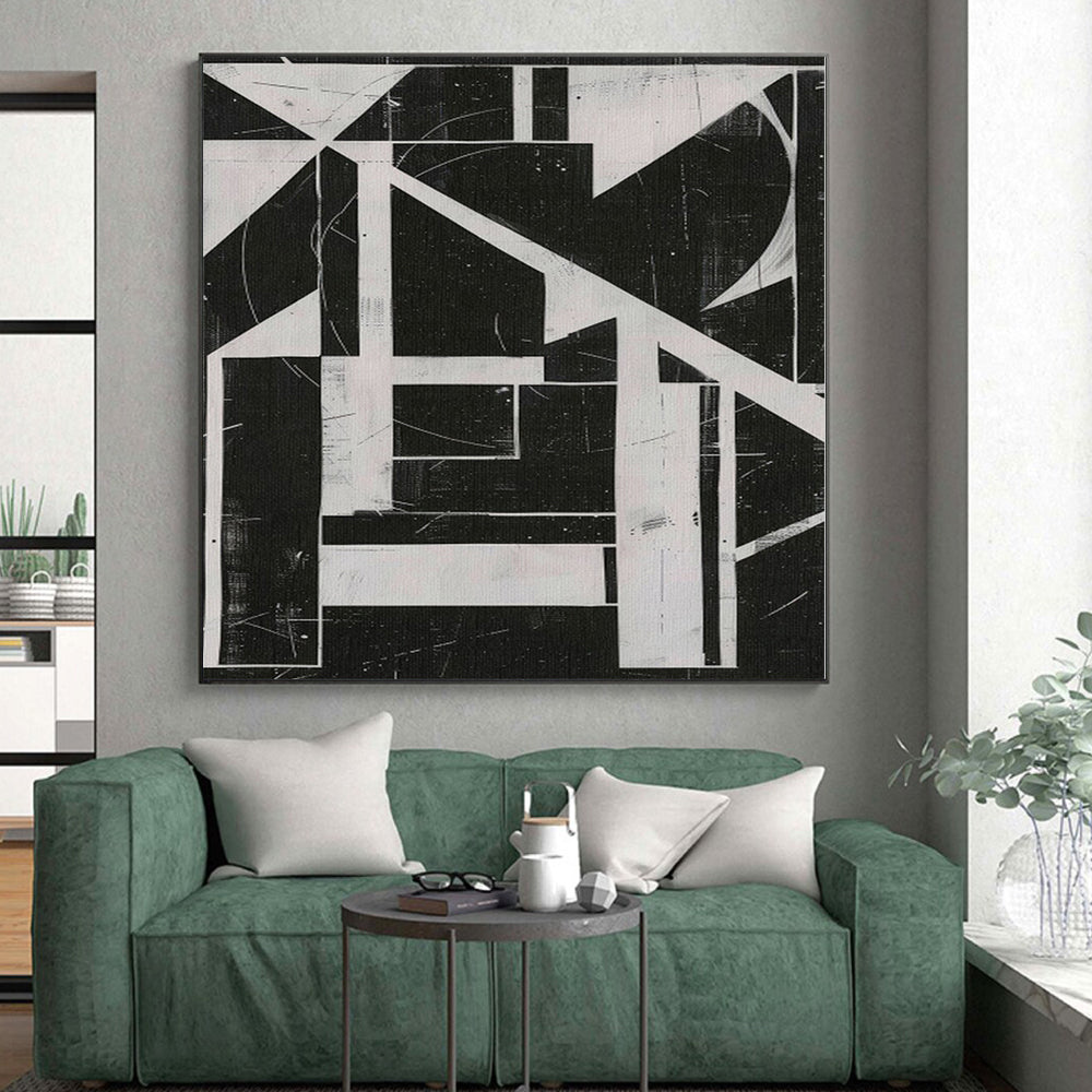 “Geometric Abstract in Black and White” - Constructivist Abstract Painting On Canvas PS0263