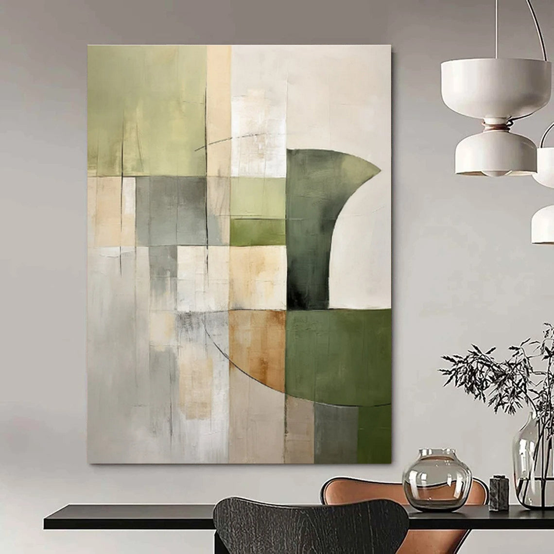 Green, Beige, Gray with Geometric Mix "Balanced Nature" Abstract Painting On Canvas PS1458