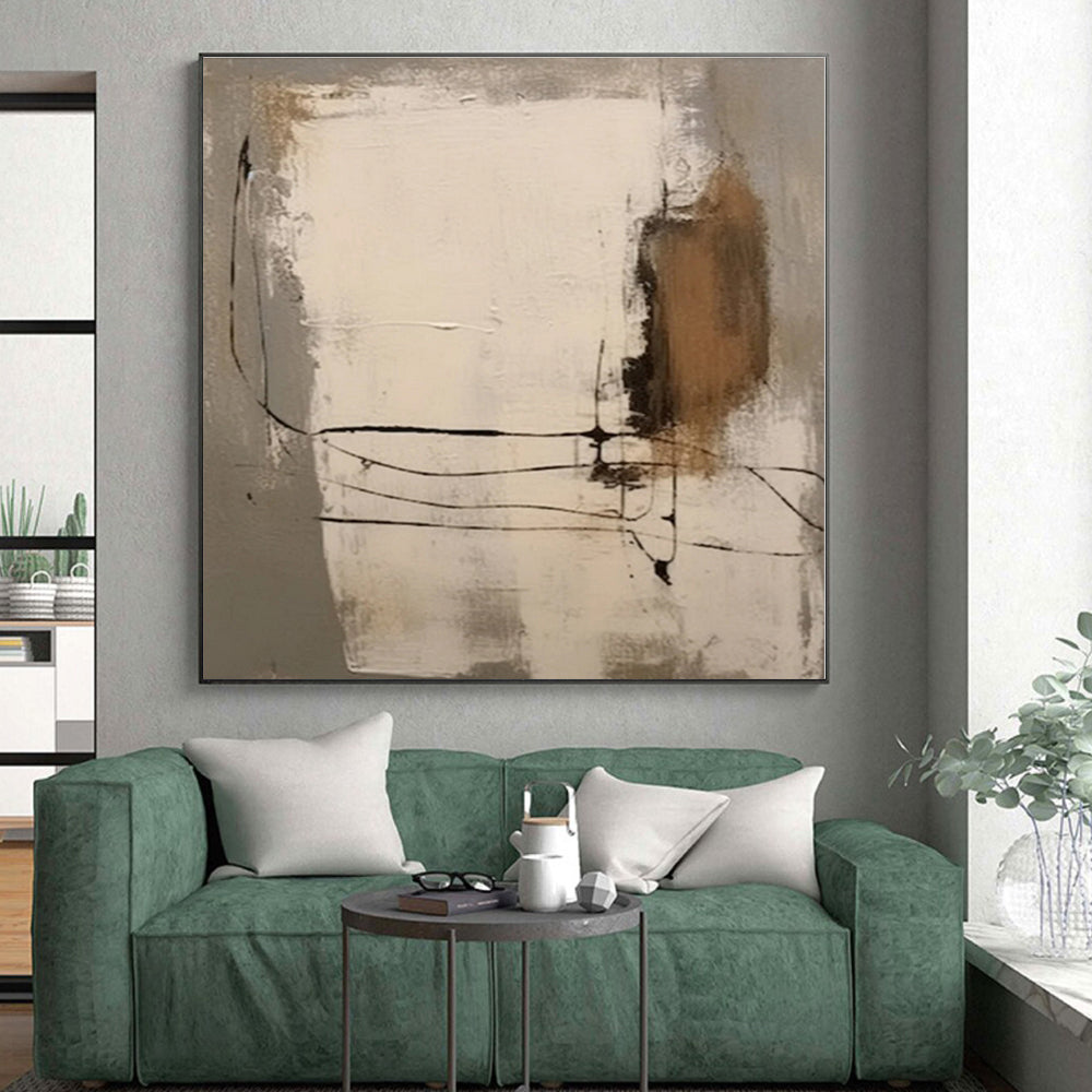 “Gray - Beige - Black Linear Abstraction” - Gray, Beige, Black Abstract Painting On Canvas PS0539