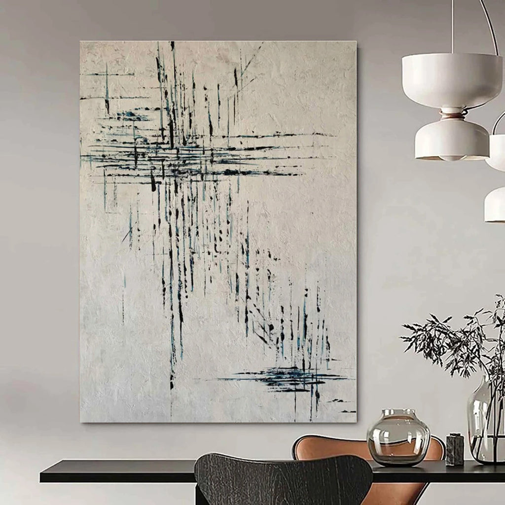White, Black, Blue with Linear Drips "Dripping Rhythm" Abstract Painting On Canvas PS1315
