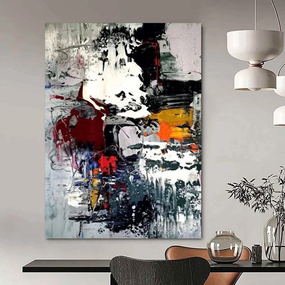 “Colorful Chaos: Red, Yellow, Gray Abstract” - Vibrant Abstract Painting On Canvas DS391