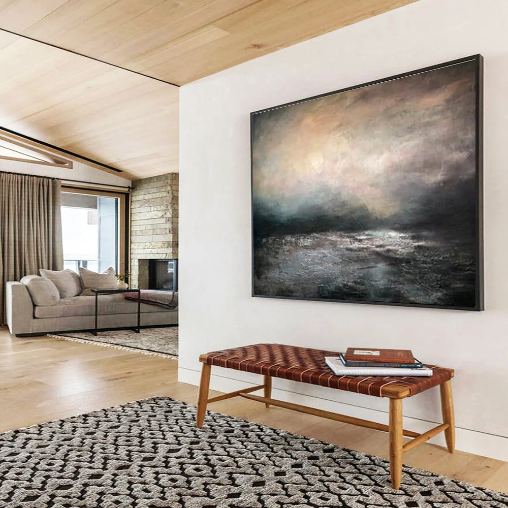 “Moody Gray Seascape” - Gray, Black & White Seascape, Impressionistic Oil Painting On Canvas DKS769