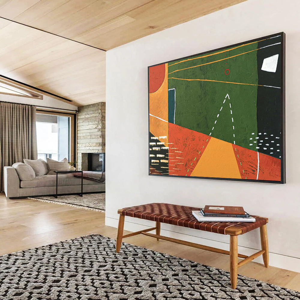 “Geometric Abstraction in Green, Orange, Red” Geometric Abstract Painting On Canvas PT1808
