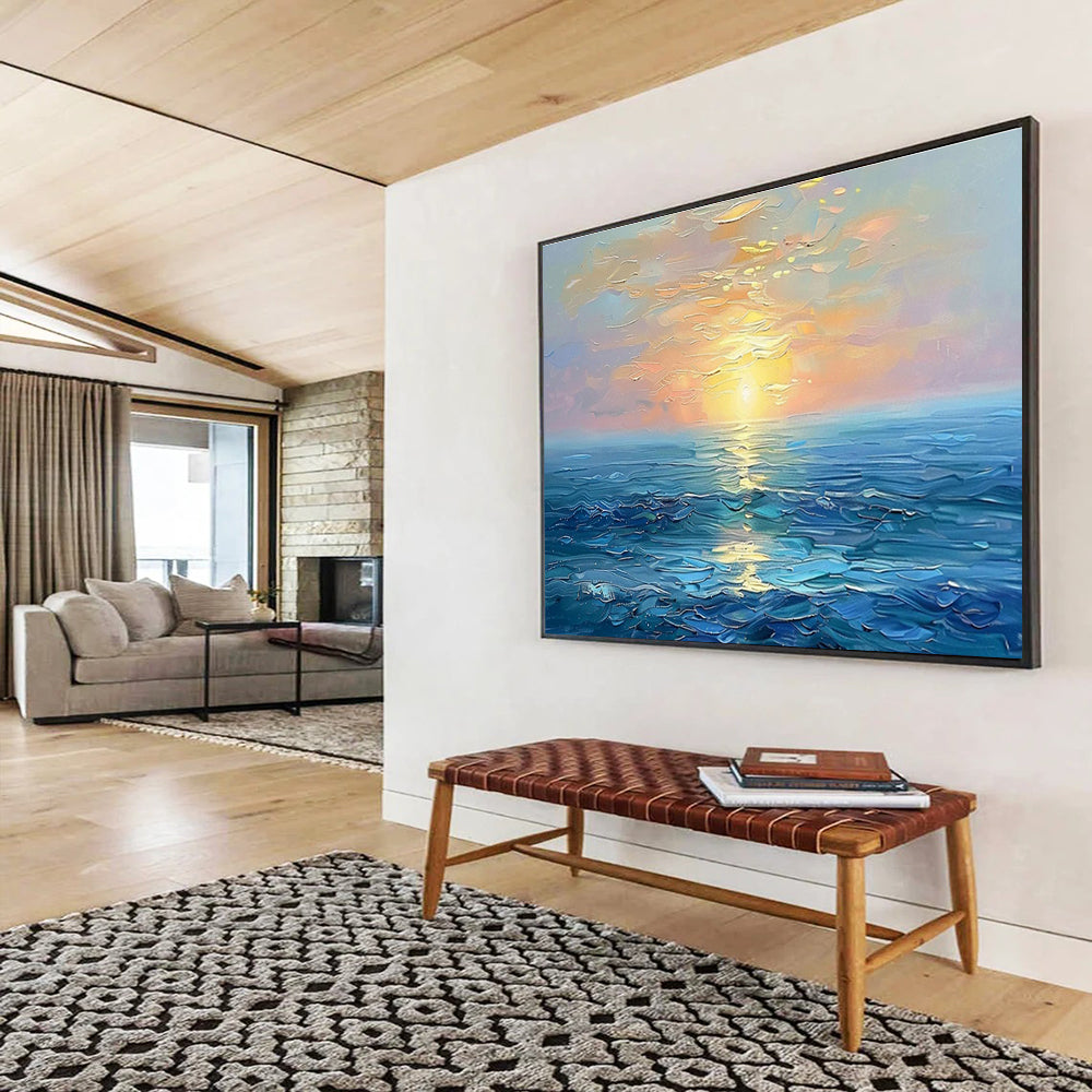 “Serene Sunset Sea” - Blue, Orange & Yellow Seascape, Expressive Oil Painting On Canvas DKS767