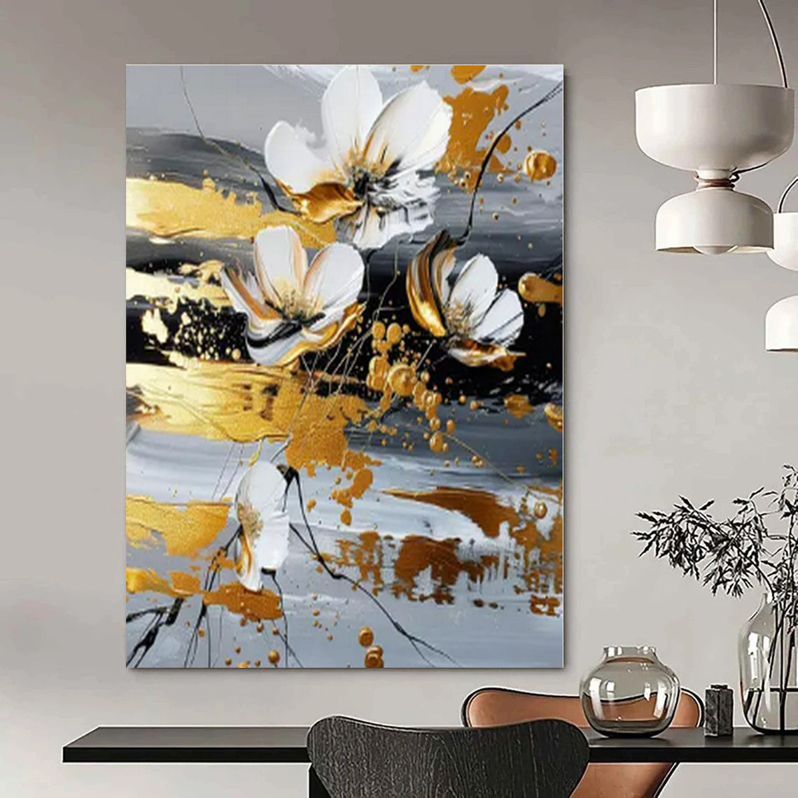 White, Gold, Gray with Floating Flowers "Airy Blooms" Floral Painting On Canvas PS1255
