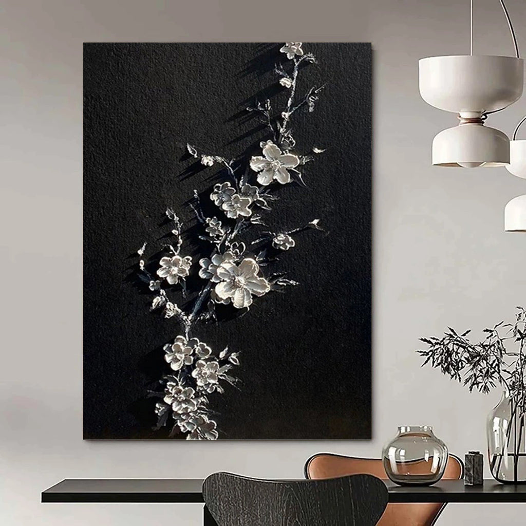 “Black and Silver Floral Relief” - Abstract, Sculptural Painting On Canvas PT1543