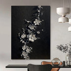 “Black and Silver Floral Relief” - Abstract, Sculptural Painting On Canvas PT1543