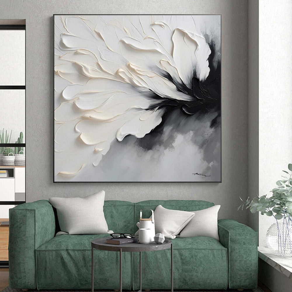 “Monochrome Floral Impasto” - White, Gray, Black Textured Floral Painting On Canvas PS0768