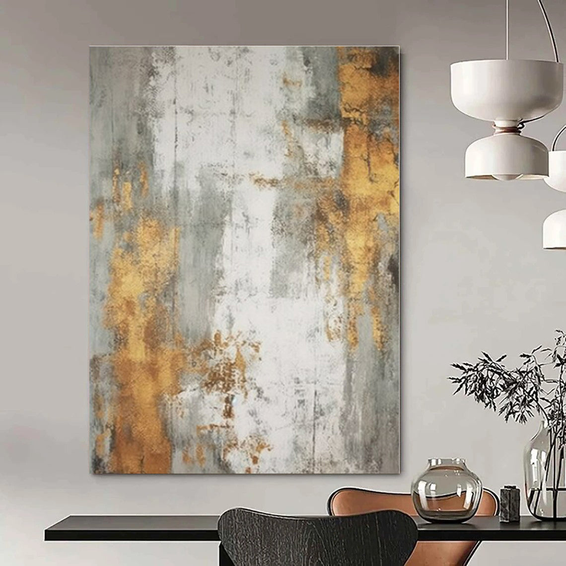 Gray, Gold, White with Textured Layers "Gilded Whispers" Abstract Painting On Canvas PS1271