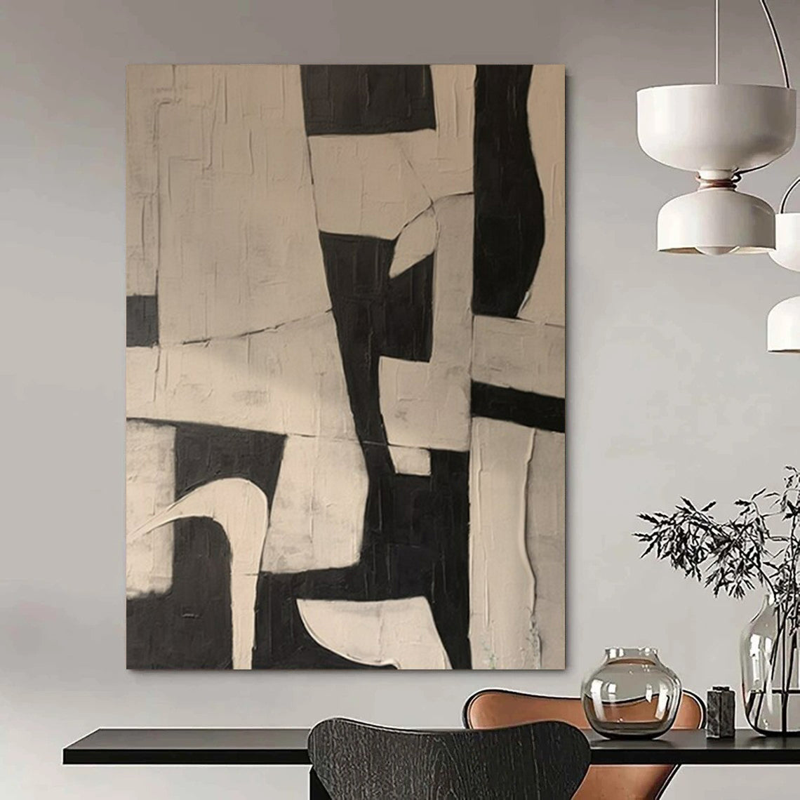 Black and White Geometric, "Monochrome Structure" – Abstract Geometric Painting On Canvas PS0977