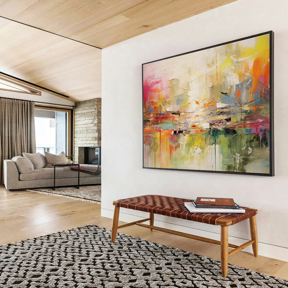 “Dreamy City Impressions” - Soft Pink, Yellow & Blue Abstract Urban, Textured Cityscape Oil Painting On Canvas DKS688