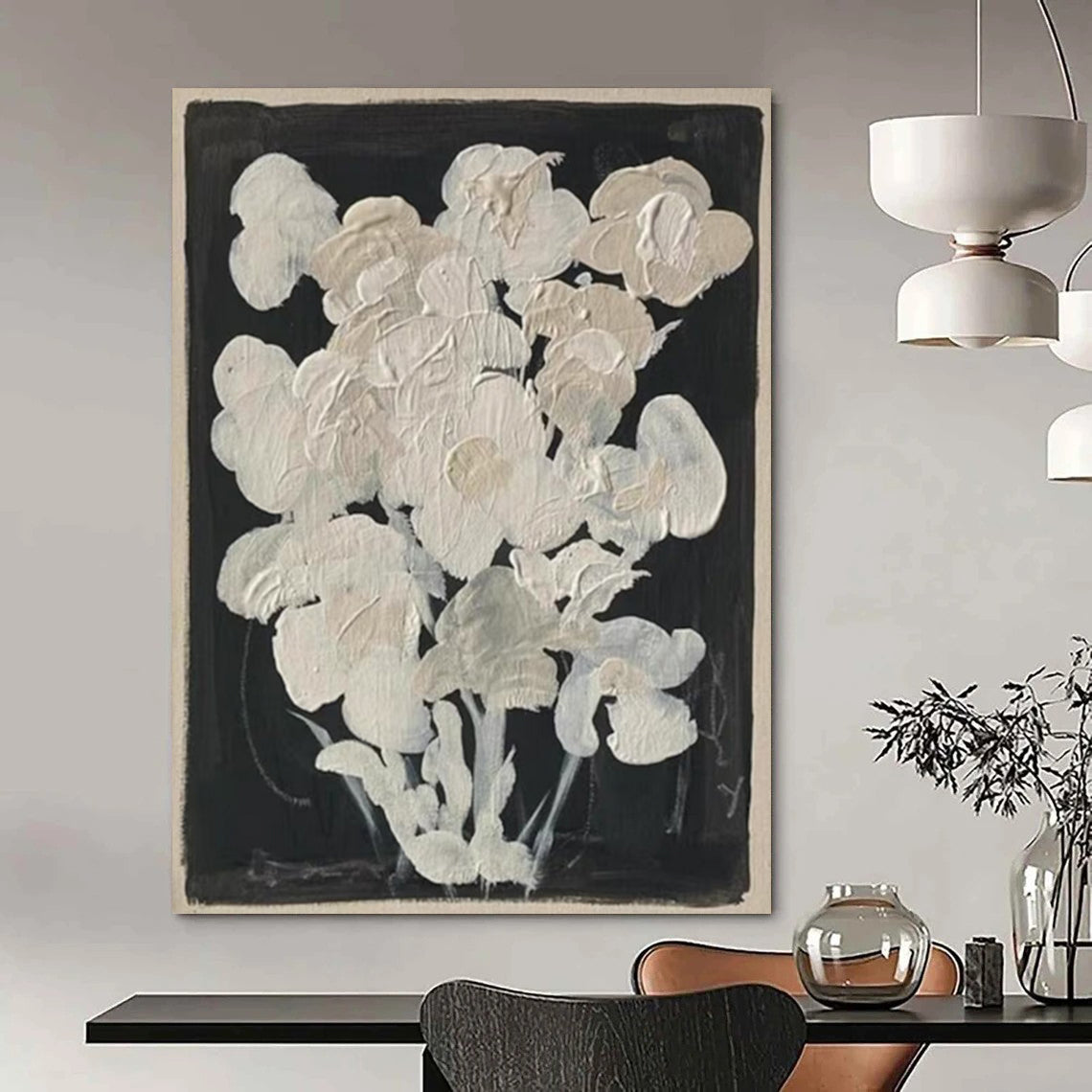“White Blooms” - Minimalist Floral Textures on Black Painting On Canvas DS140