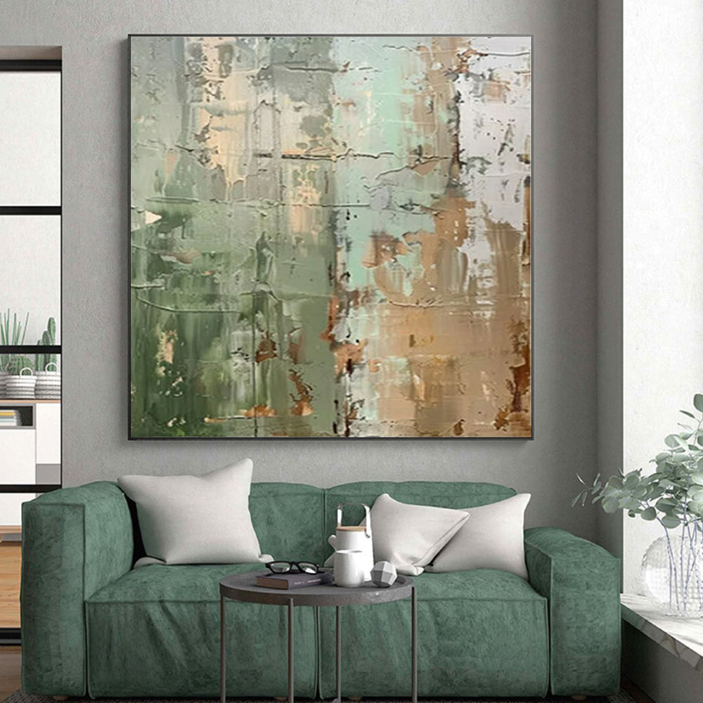 Green, Brown & Gray Textured Abstract "Mossy Wall" Painting On Canvas PS0854
