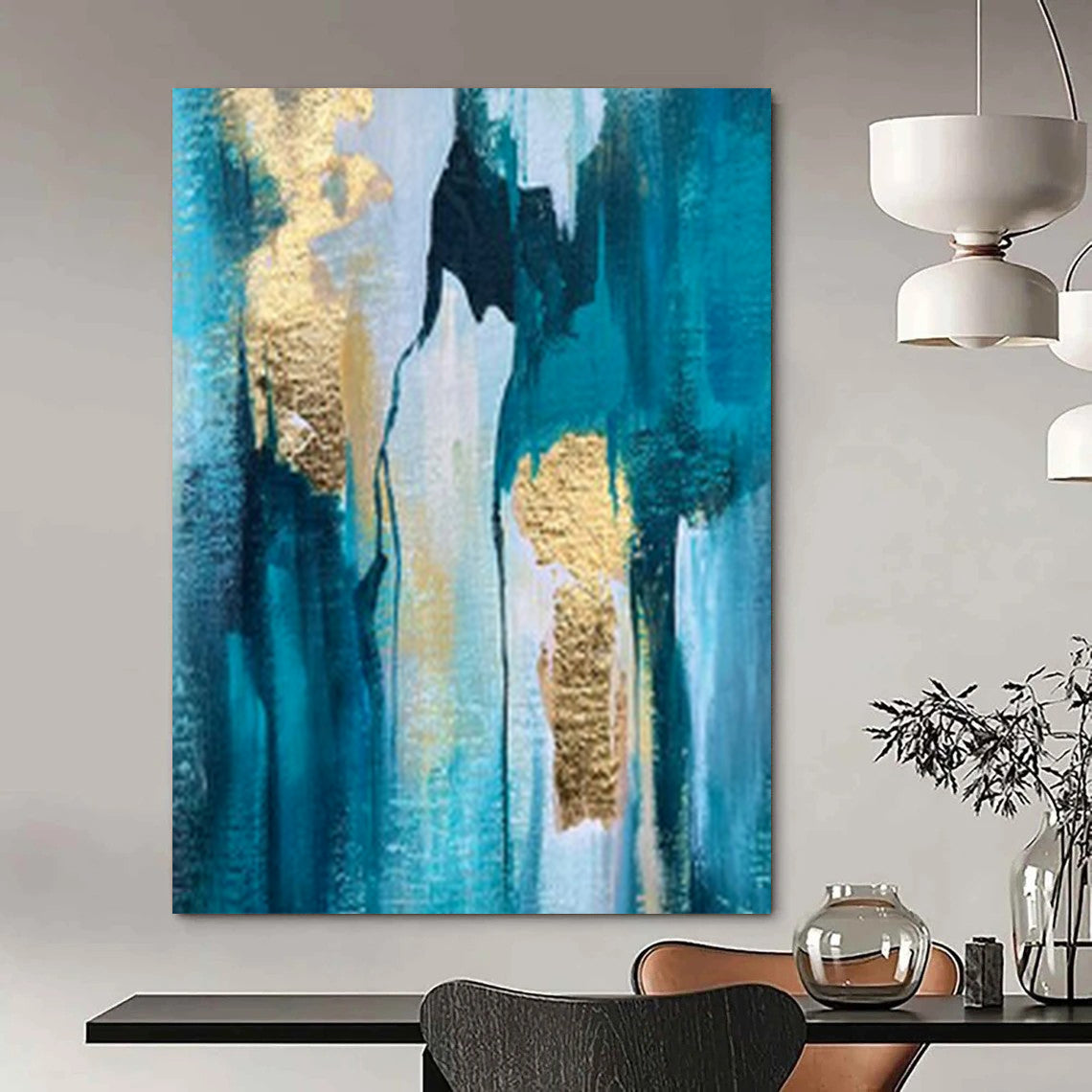 Teal, Blue, and Gold Textured, "Gilded Cascade" – Textured Abstract Painting On Canvas PS1007