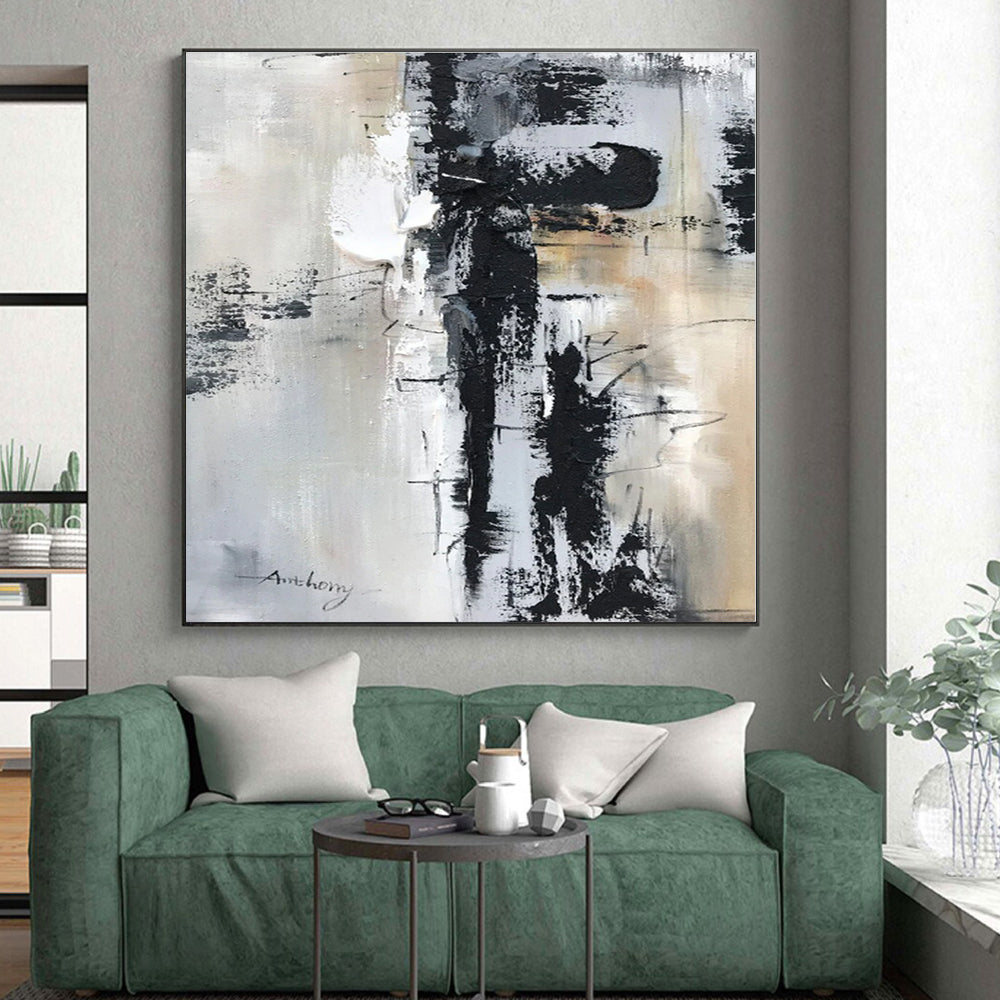 “Black - White - Gray Urban Abstraction” - Black, White, Gray Abstract Painting On Canvas PS0501