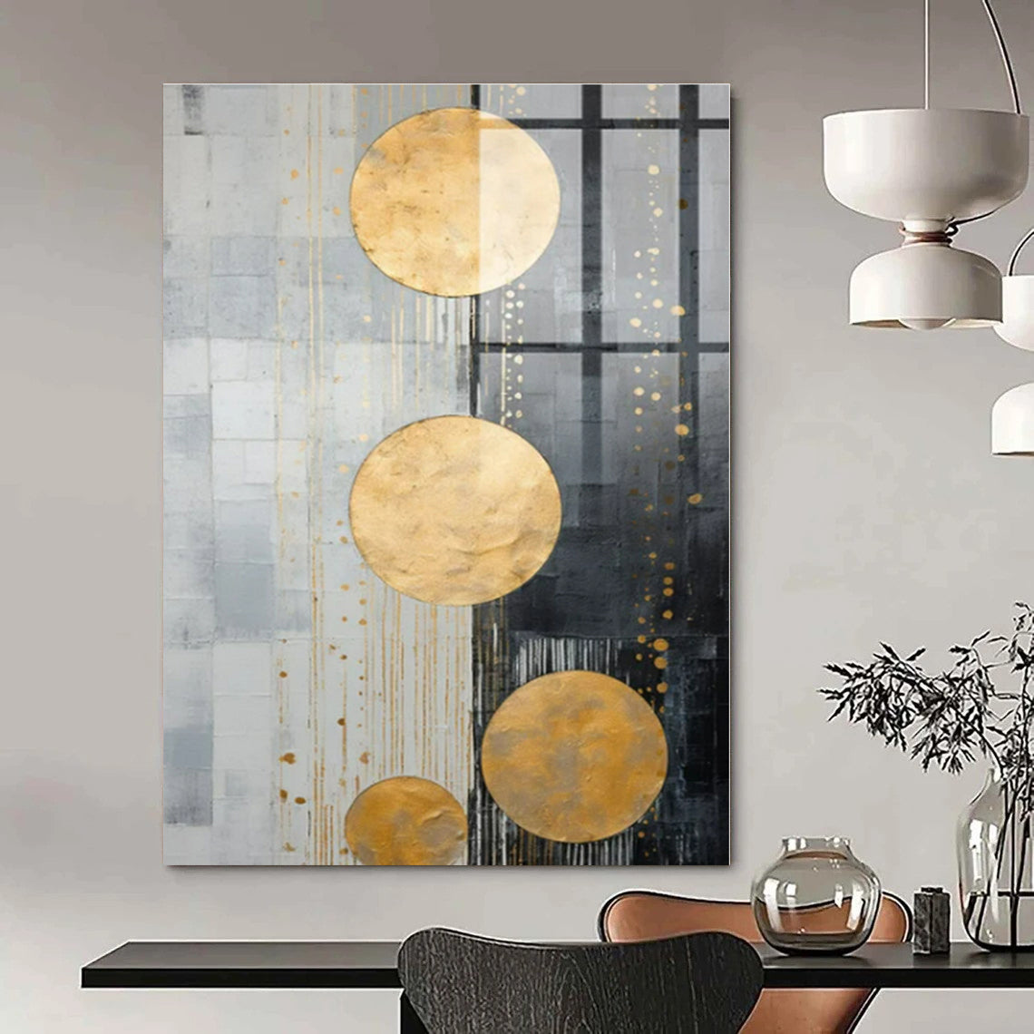 Gold Circles on Gray Abstract - Geometric Metallic Abstract Painting On Canvas PS1241