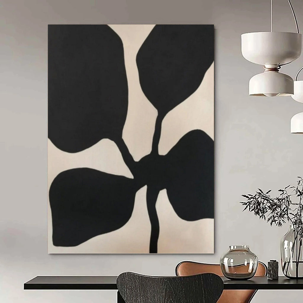 “Black Floral Silhouette on Light Beige” - Nature - Inspired Minimalist Painting On Canvas PT1077