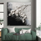 “White Flowers on Black Textured” - White, Black Abstract Textured Floral Painting On Canvas PS0580