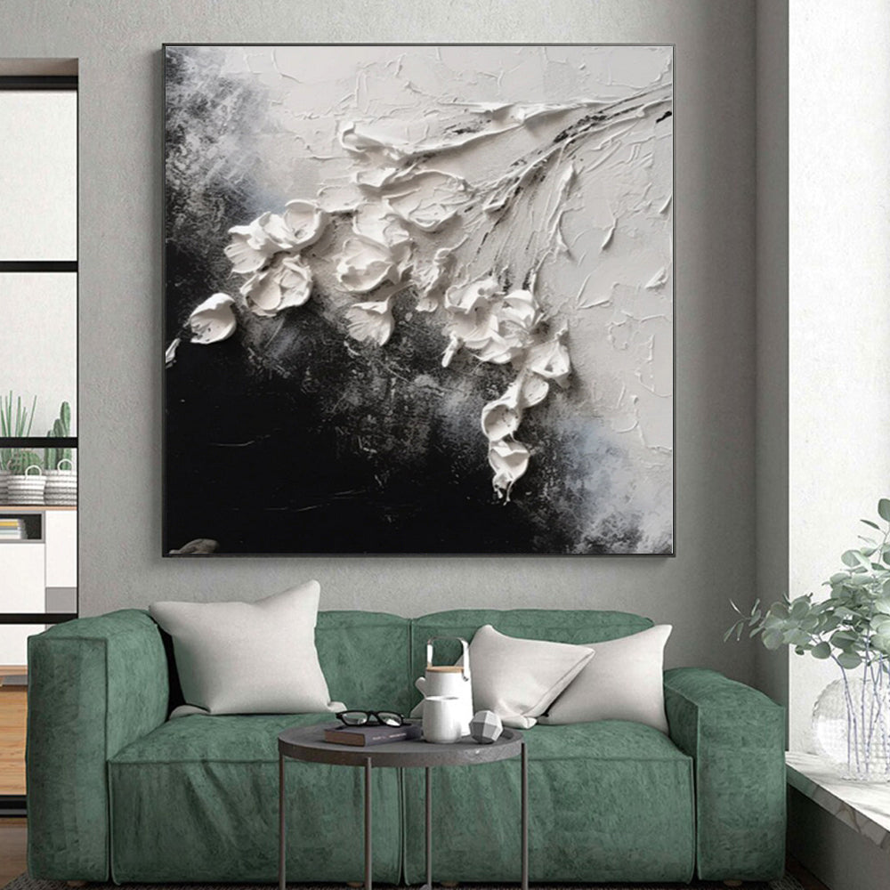 “White Flowers on Black Textured” - White, Black Abstract Textured Floral Painting On Canvas PS0580