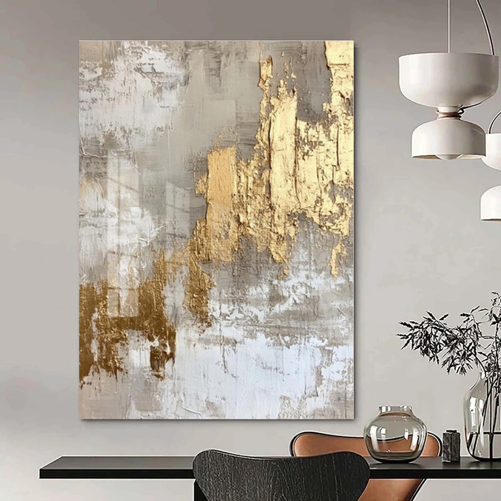 Gray, Gold, White with Textured Layers "Gilded Aura" Abstract Painting On Canvas PS1275