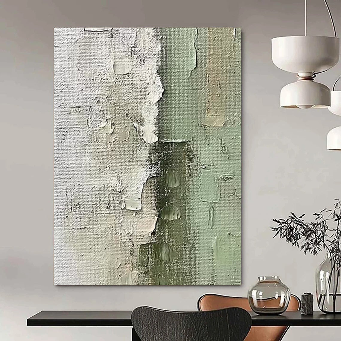 “Textured Green and White Abstract” - Wabi - Sab Style Painting On Canvas PT1002