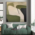 “Geometric Shapes in Green & Neutral” - Green, White, Black Abstract Geometric Painting On Canvas PS0575