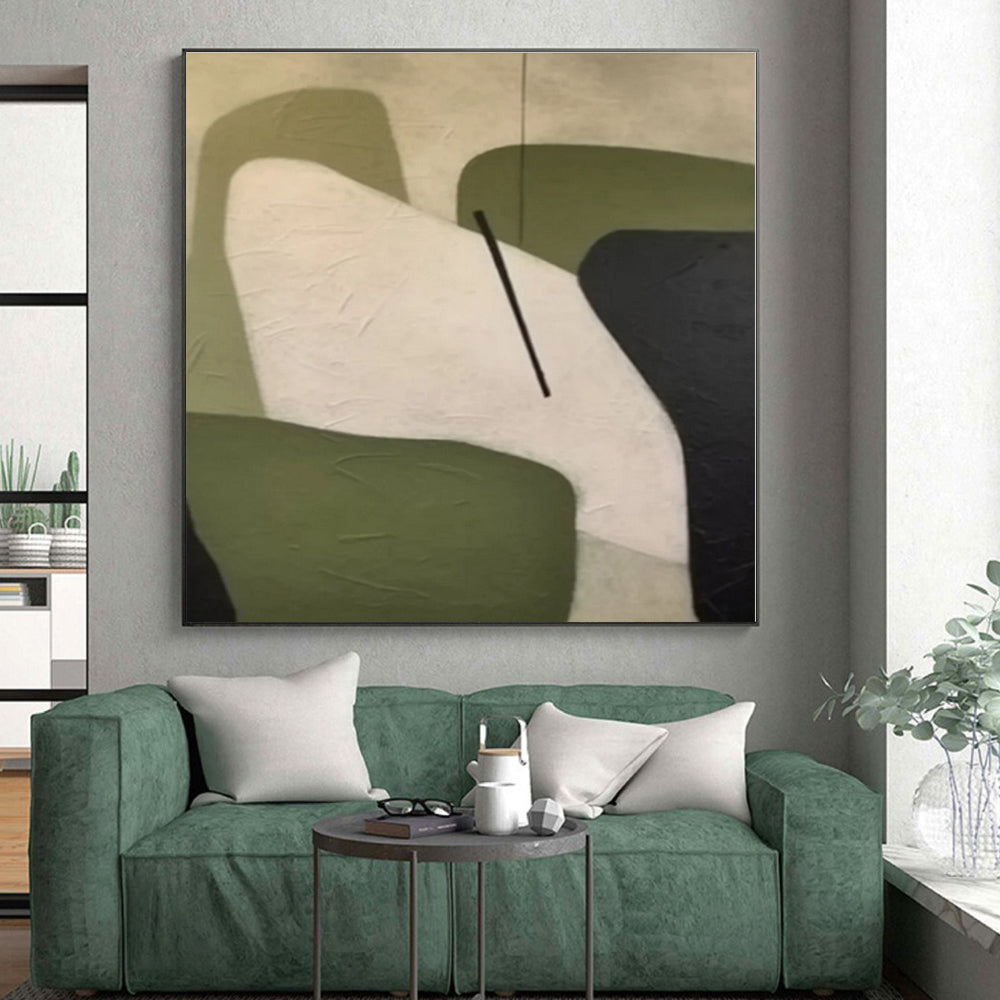 “Geometric Shapes in Green & Neutral” - Green, White, Black Abstract Geometric Painting On Canvas PS0575