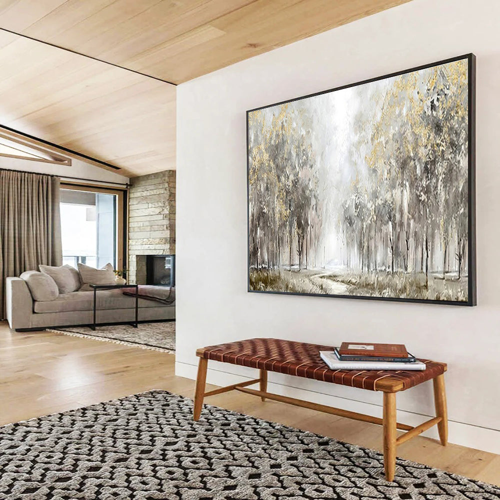 “Misty Golden Forest” - Gray, Gold & Green Landscape, Impressionistic Oil Painting On Canvas DKS737