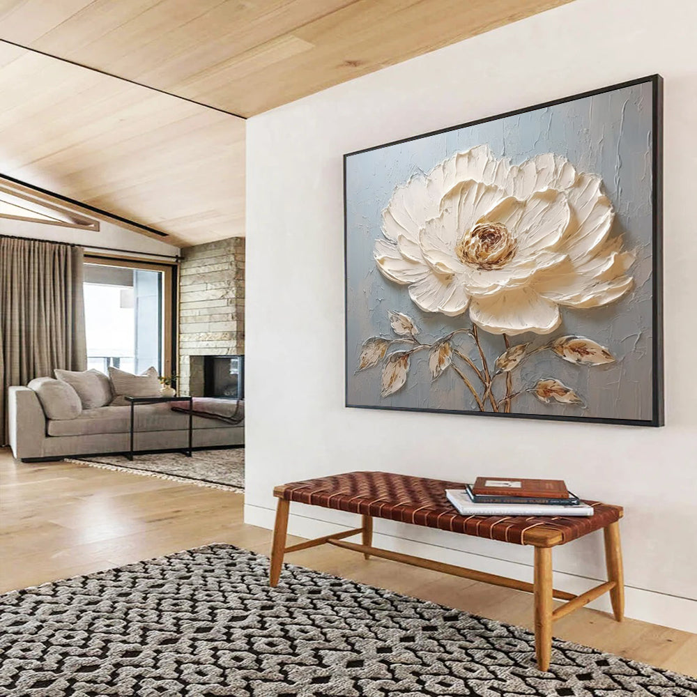 “Single White Peony Relief” - Mixed - Media Floral Painting On Canvas PT175