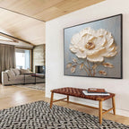 “Single White Peony Relief” - Mixed - Media Floral Painting On Canvas PT175