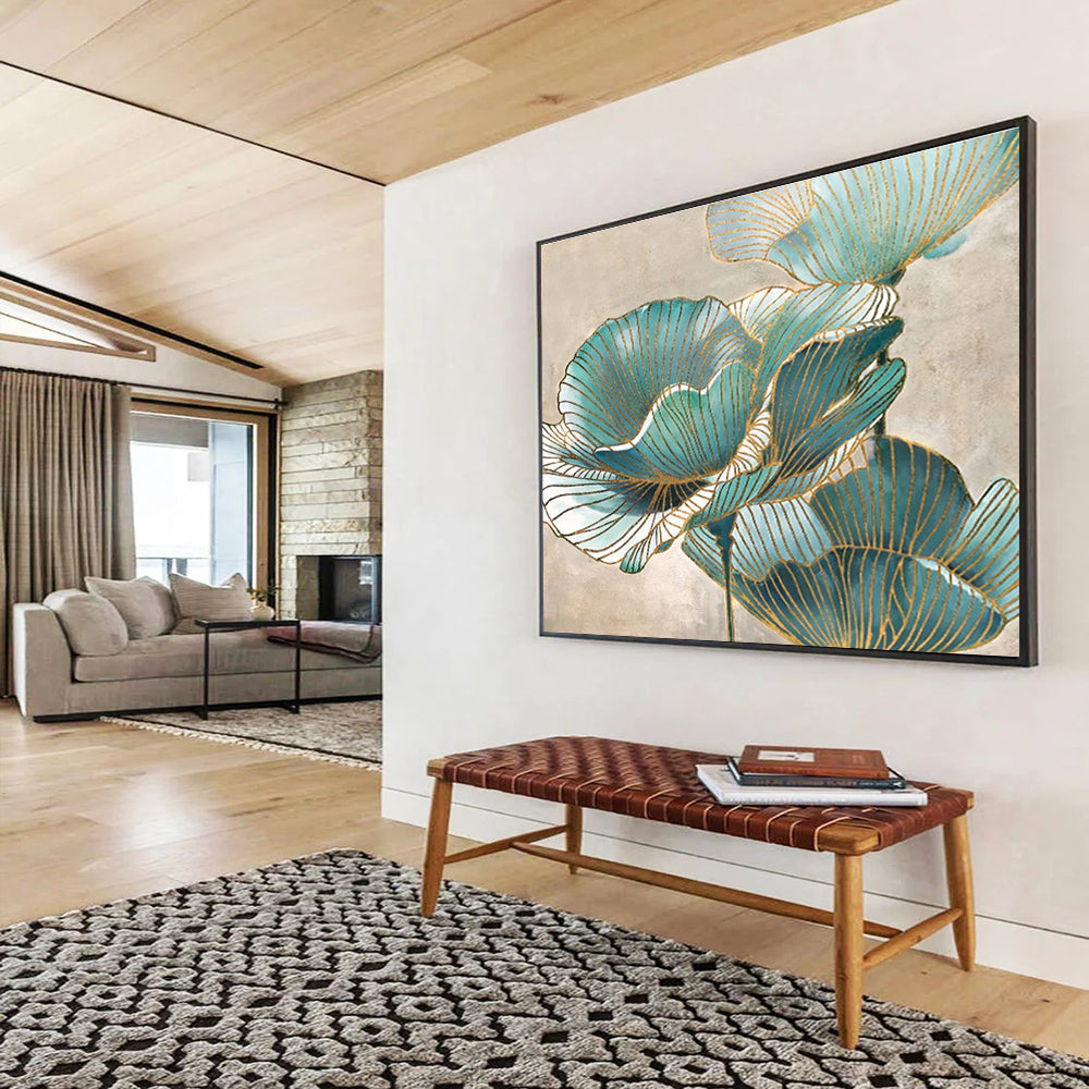 “Teal & Gold Flowers” - Decorative Floral Painting On Canvas DKS428