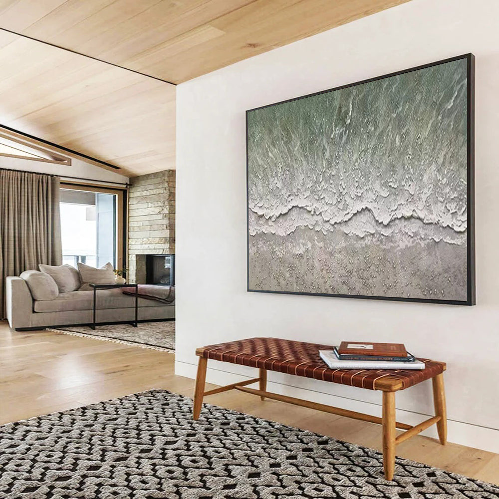 “Green - White Textured Beach” - Aerial Perspective “Wave Ripple” Painting On Canvas PT1667