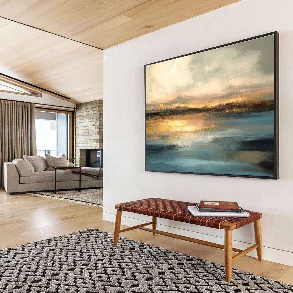 Golden Horizon on Blue - Serene Landscape Painting On Canvas DKS340