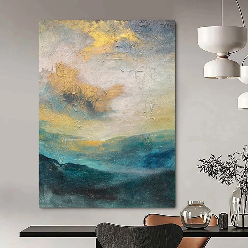 Blue, Gold, and Gray Landscape - Inspired, "Heavenly Horizons" – Impressionistic Abstract Painting On Canvas PS1004