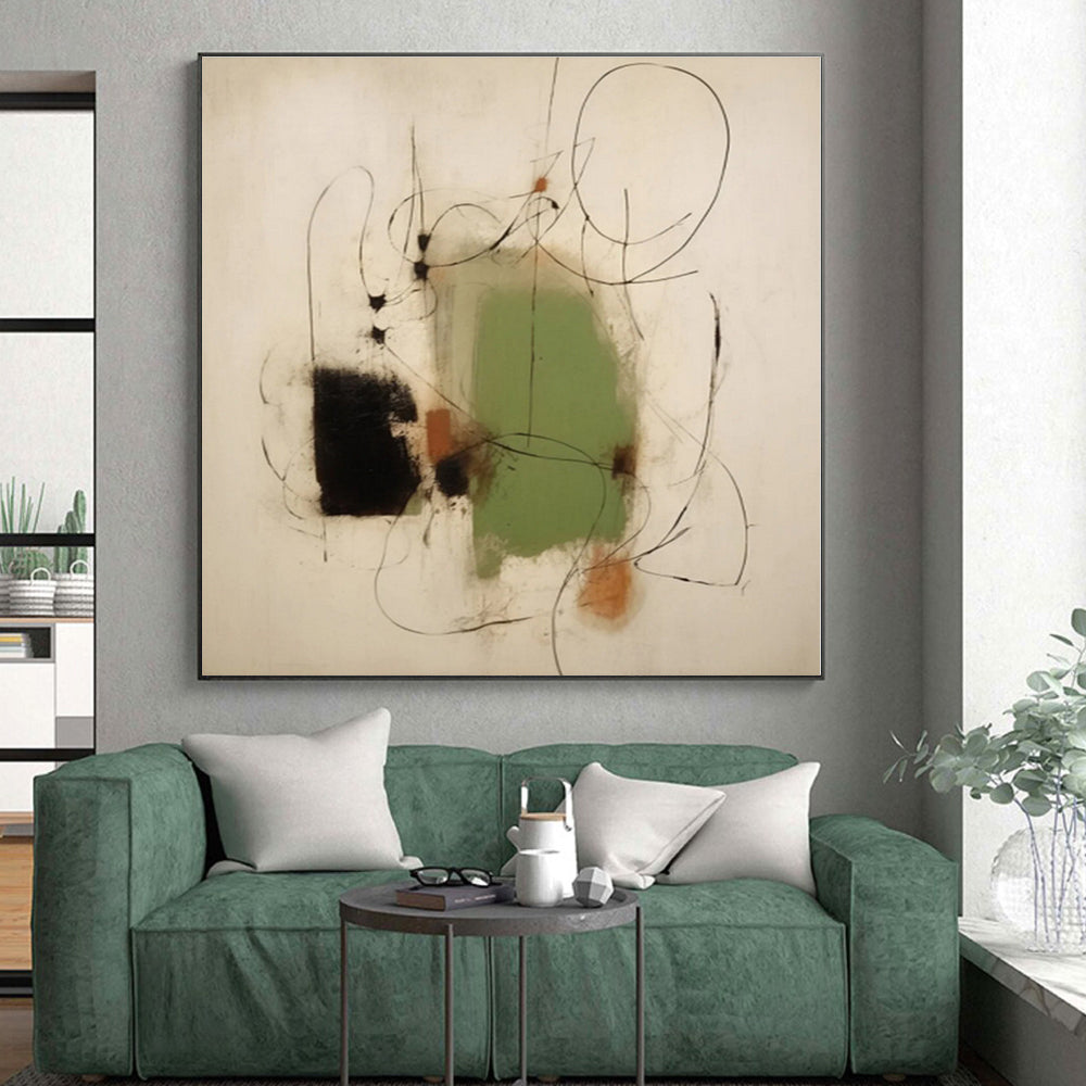 “Green - Black - Brown Abstract Lines” - Green, Black, Brown, White Abstract Painting On Canvas PS0518